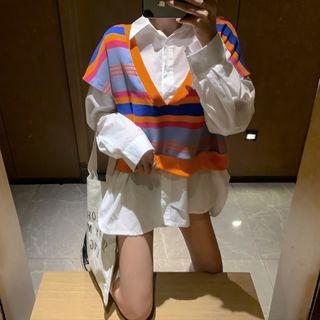 Long-sleeve Plain Shirt / Striped Vest