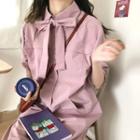 Tie-neck Short Sleeve Dress Light Purple - One Size