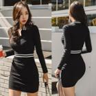 Long-sleeve Contrast-trim Collared Mini Bodycon Knit Dress Black - One Size