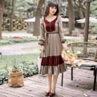 Plaid Color Block Long-sleeve Midi A-line Dress