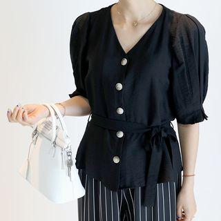 V-neck Pintuck-sleeve Blouse With Sash
