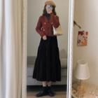 Long-sleeve Mock-neck Top / Floral Cardigan / Tiered Midi A-line Skirt