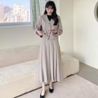 Set: Collarless Flap Jacket + Pleated Long Skirt