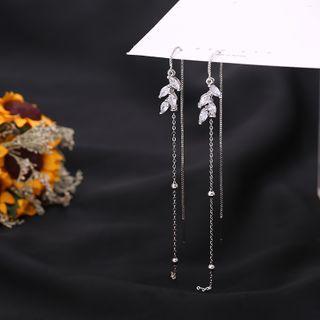 925 Sterling Silver Rhinestone Leaf Drop Earring 1 Pair - Silver - One Size
