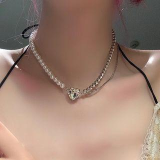 Heart Rhinestone Faux Pearl Choker Silver - One Size