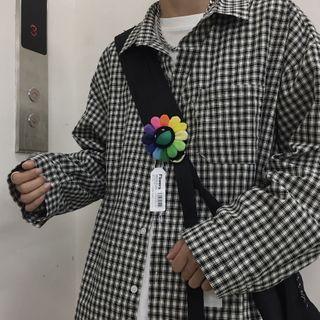 Long-sleeve Checked Shirt Plaid - Black & White - One Size