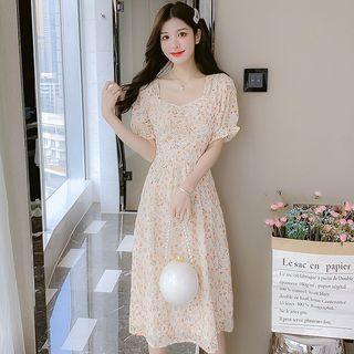 Puff-sleeve Faux Pearl Floral Midi A-line Dress