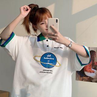 Elbow-sleeve Planet Print Polo Shirt