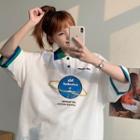 Elbow-sleeve Planet Print Polo Shirt