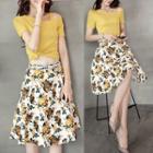 Set: Cold Shoulder Short-sleeve T-shirt + Floral Print A-line Midi Skirt