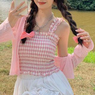 Gingham Smocked Camisole Top / Ribbed Cardigan