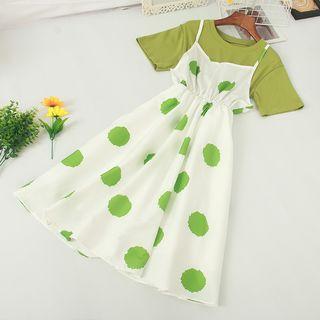 Mock Two-piece Short-sleeve Dotted A-line Dress