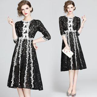 Elbow-sleeve Bow A-line Lace Dress