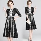 Elbow-sleeve Bow A-line Lace Dress