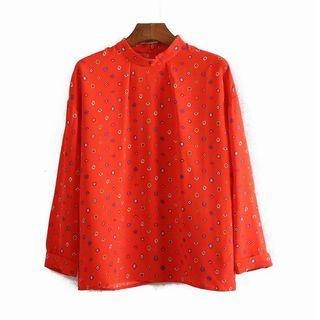 Long-sleeve Stand Collar Floral Print Top