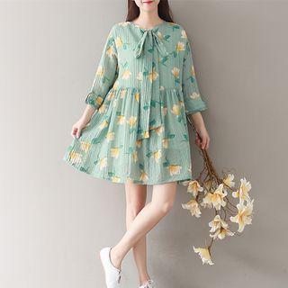3/4-sleeve Chiffon Floral A-line Dress
