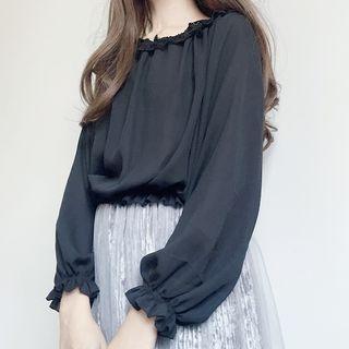 Long-sleeved Loose-fit Chiffon Sheath Plain Top