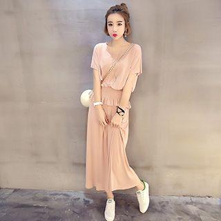 Set: Short-sleeve Smocked Waist Top + Maxi Skirt