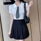 Short-sleeve Crop Polo Shirt / Pleater Skirt / Set