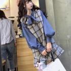 Tie-neck Blouse / Sleeveless Plaid A-line Dress
