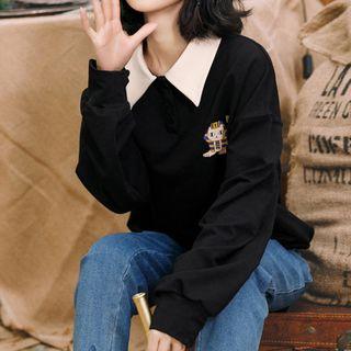 Cat Print Long-sleeve Polo Shirt