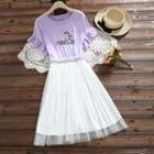 Embroidered Short-sleeve Mock Two-piece Mesh Dress