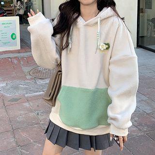 Floral Accent Color Block Fleece Hoodie