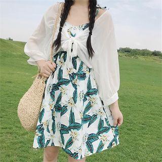 Spaghetti Strap Floral Mini A-line Dress / Tie-front Chiffon Cropped Jacket / Set