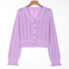 Pointelle Knit Cropped Cardigan Purple - One Size