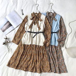 Set: Printed Lace-up Chiffon Long-sleeve Dress + V-neck Knit Vest