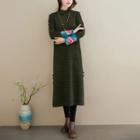 Mock Neck  Long-sleeve Embroidered Midi Knit Dress