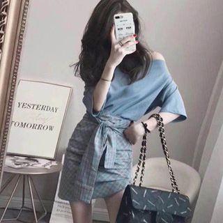 Set: Off-shoulder Short Sleeve Top + Check Asymmetric Mini Skirt