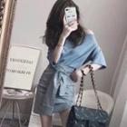 Set: Off-shoulder Short Sleeve Top + Check Asymmetric Mini Skirt