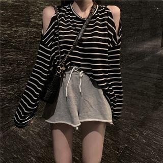 Long-sleeve Cold-shoulder Striped T-shirt / Drawstring Shorts