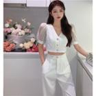 Puff-sleeve V-neck Crop Top / High-waist Dress Pants