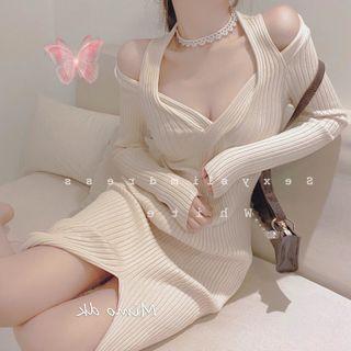 Cold-shoulder Wrap Ribbed Knit Midi Sheath Dress