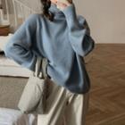 High Neck Plain Sweater Blue - One Size