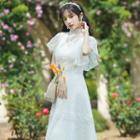 Cape-sleeve High-neck Midi A-line Lace Dress