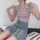 Striped Cropped T-shirt / Denim Mini A-line Skirt