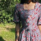 Floral Square-neck Short-sleeve Slim-fit Dress As Figure - One Size