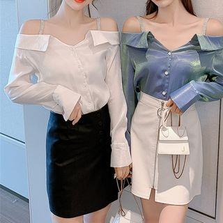 Long-sleeve Off-shoulder Glitter Shirt