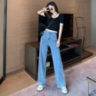Short-sleeve Knit Top / High-waist Straight-fit Jeans