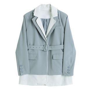Mock Two-piece Color-block Tie-waist Blazer
