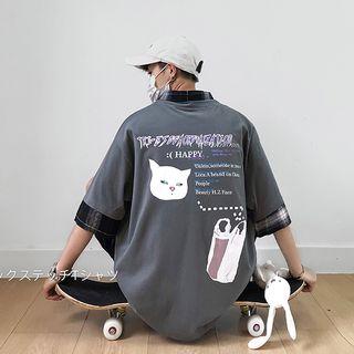 Elbow-sleeve Cat Print Mock Two-piece T-shirt