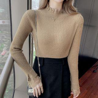 Bell-sleeve Mock-neck Lace Trim Top