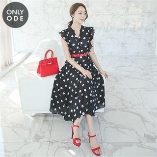 Frill-sleeve Polka-dot Dress With Belt