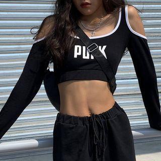 Letter Print Long-sleeve Cloud-shoulder Crop Top