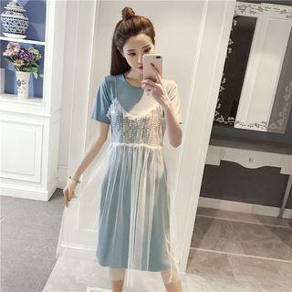 Set: Short-sleeve T-shirt + Mesh Spaghetti Strap Dress
