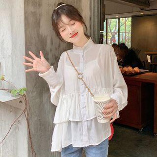 Set: Long-sleeve Frill Trim Buttoned Top + Camisole Top White - One Size