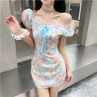 Short-sleeve Off-shoulder Floral Mini Sheath Dress